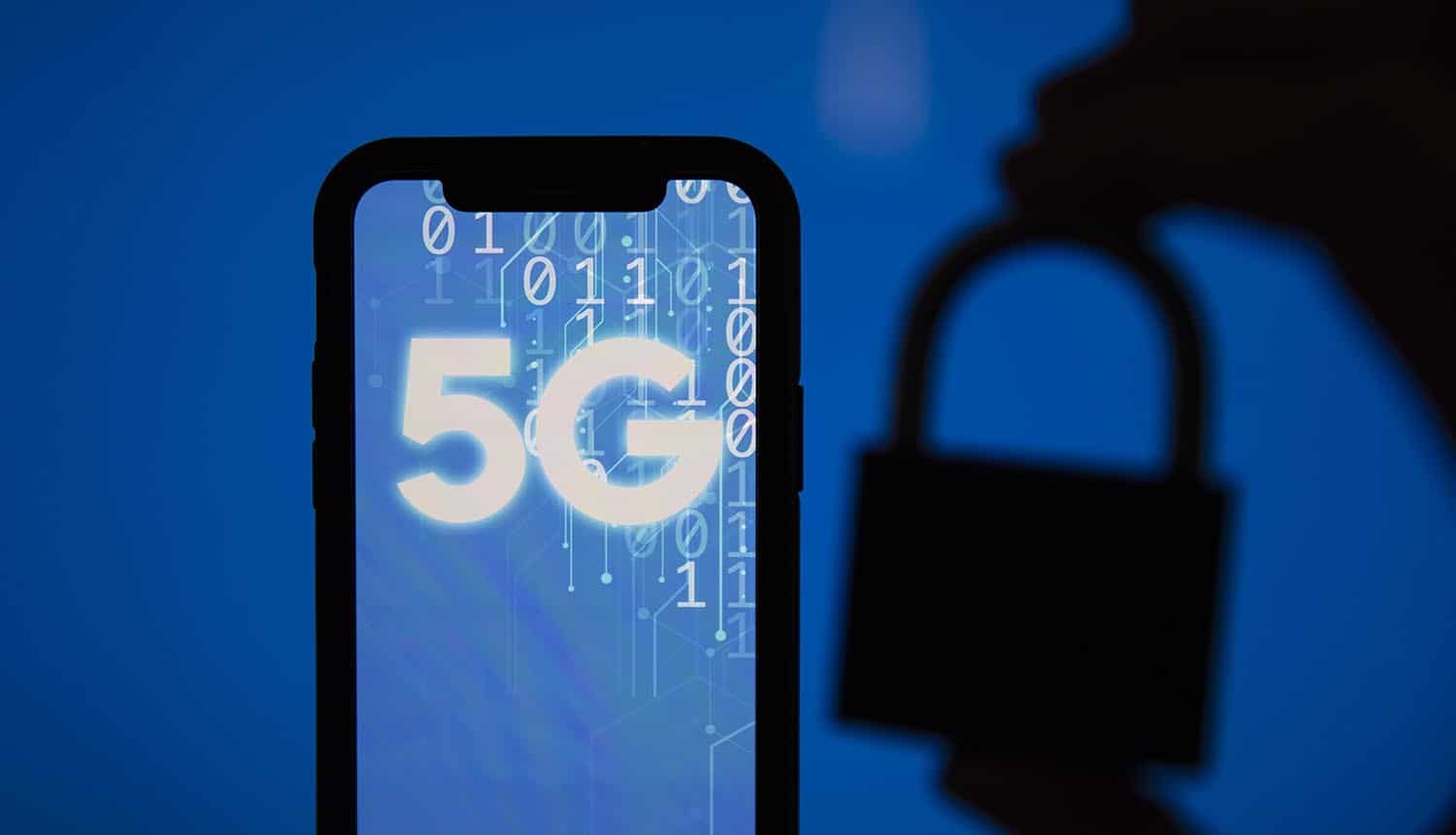 5G mobile technology sign and security padlock showing cyber threats for 5G technology