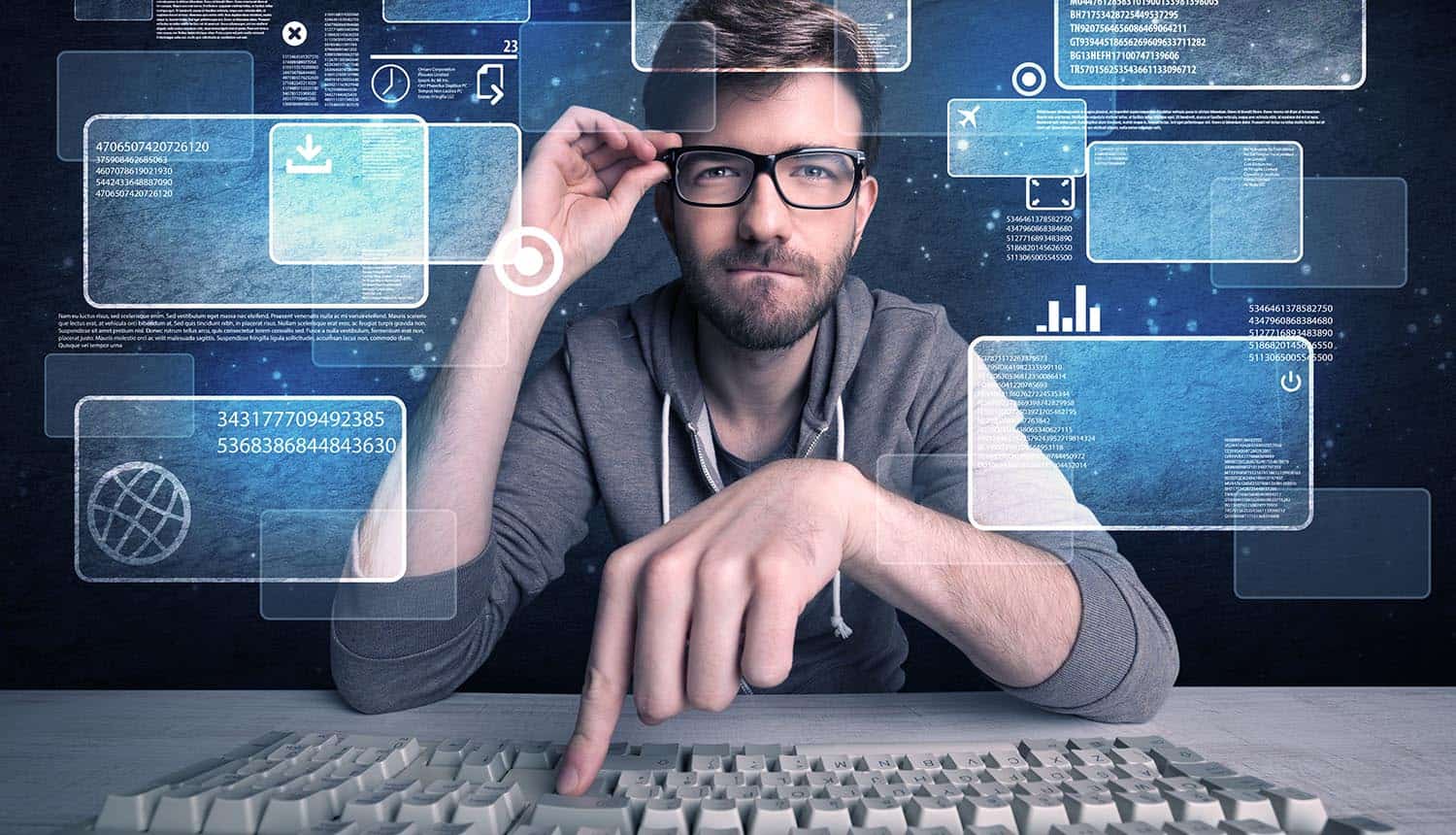 Young hacker working hard with a computer keyboard and illustrated digital screen, numbers in the background