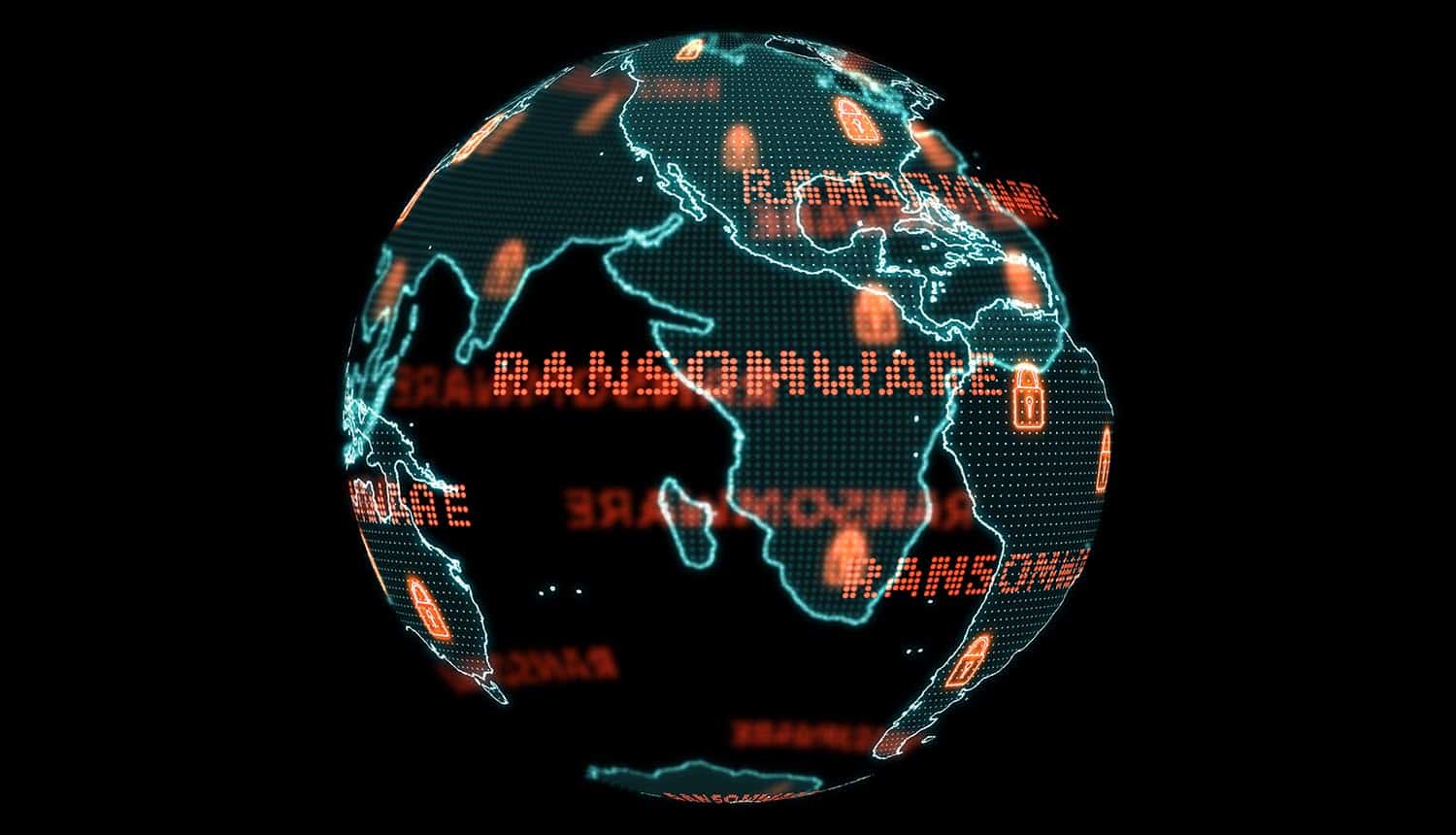 Digital global world map showing ransomware attack