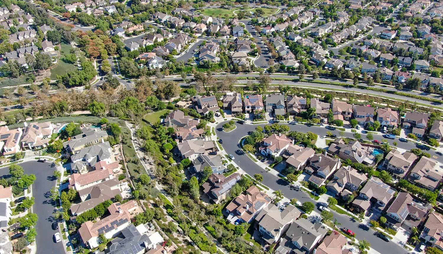 Aerial view of master-planned community and census-designated Ladera Ranch showing differential privacy on census data