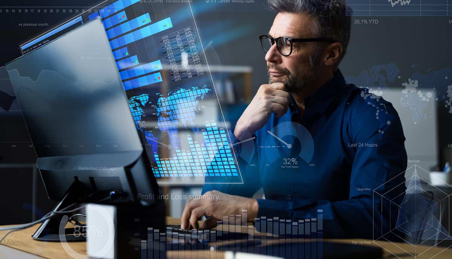 Man looking at business results on virtual screen showing business resilience