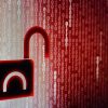 Red binary code background with open black padlock icon showing password leak