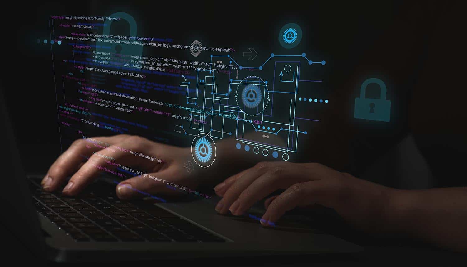 Hacker working with laptop at table showing cyber attack on water supply