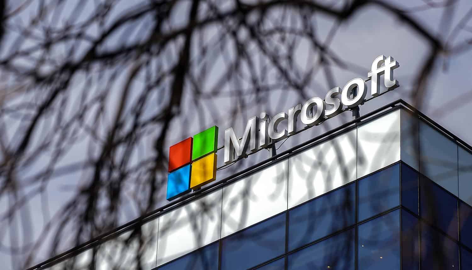 Microsoft logo seen above its headquarters showing ransomware attacks on Exchange servers