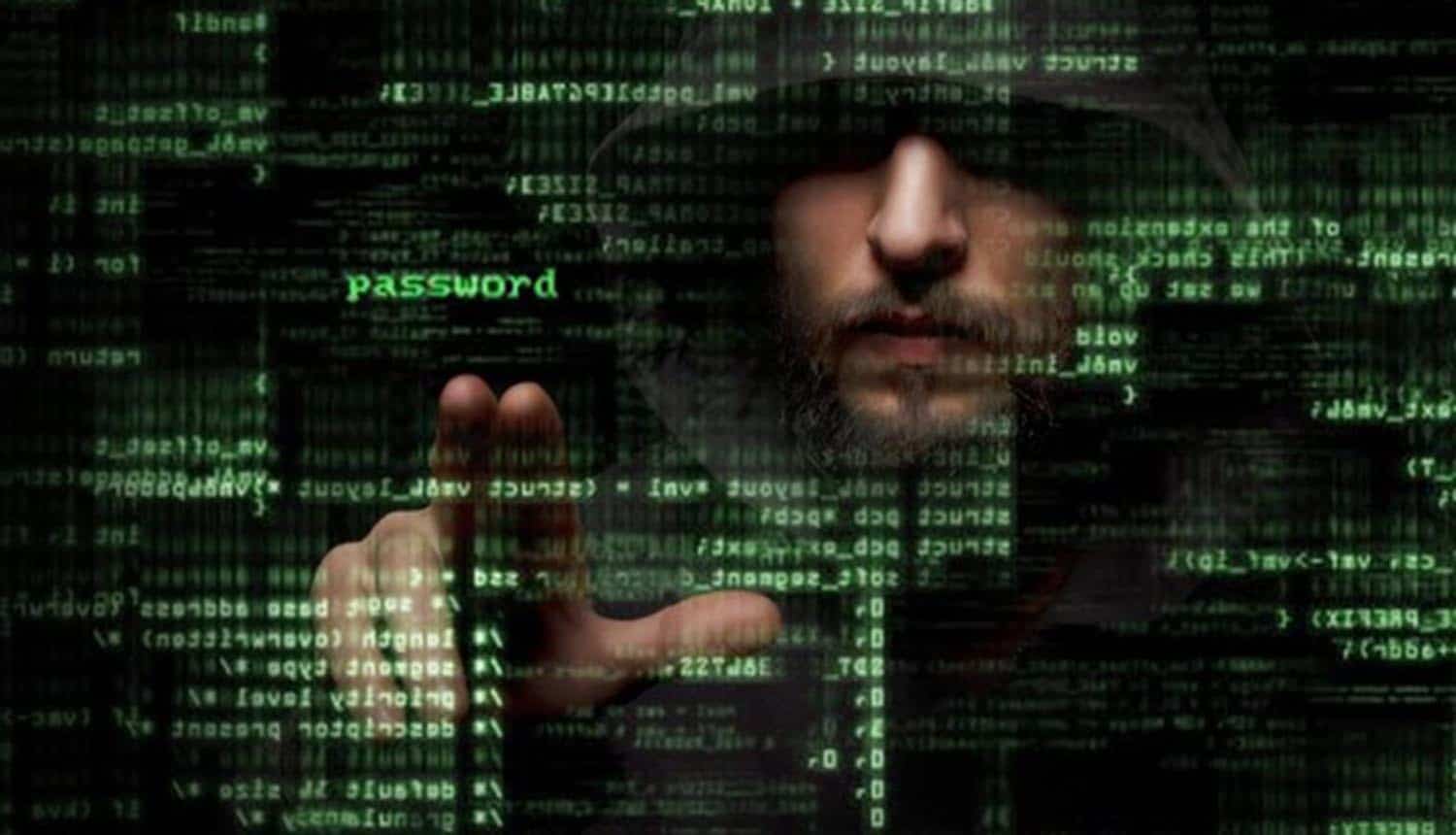 Hacker pointing finger at code