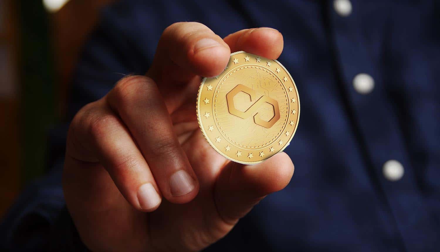 Polygon Matic cryptocurrency symbol golden coin in hand showing critical vulnerability in MATIC coins