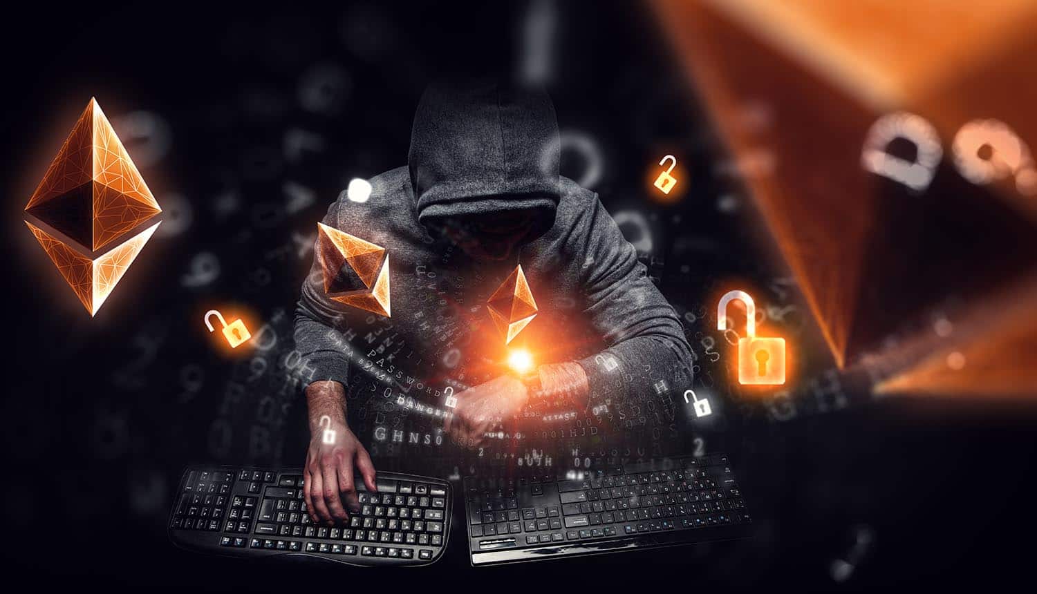 Hacker hunting for cryptocurrency showing flash loan attack on DeFi platform