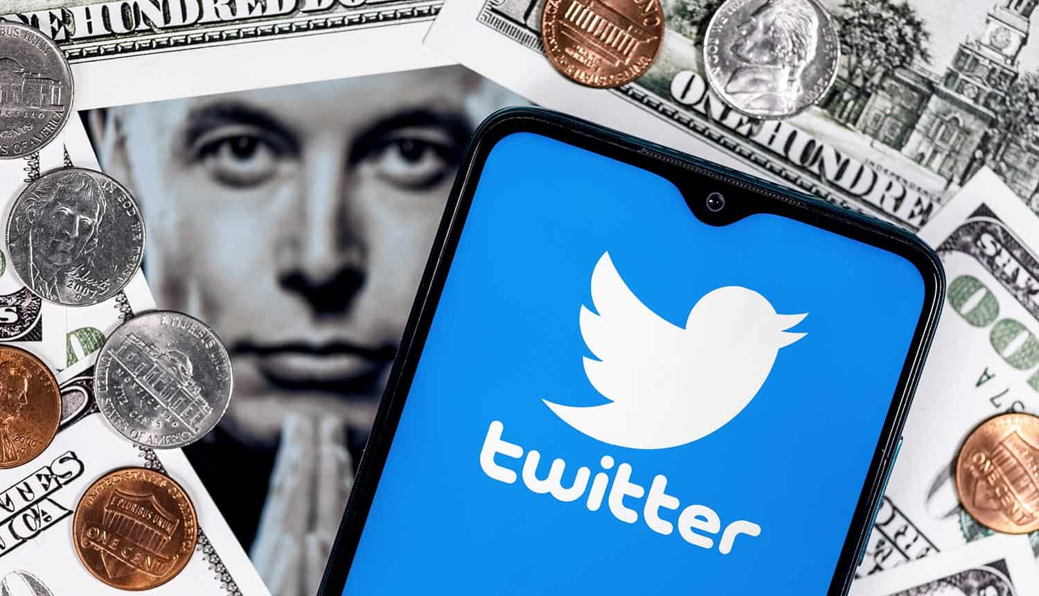 Logo of Twitter on smartphone screen with dollar bills and Elon Musk showing plan to open source Twitter's algorithm