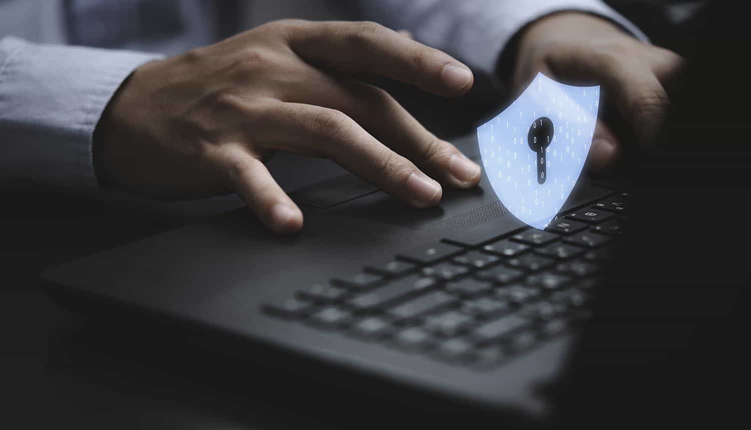 Man typing on keyboard laptop showing ID verification and digital identity