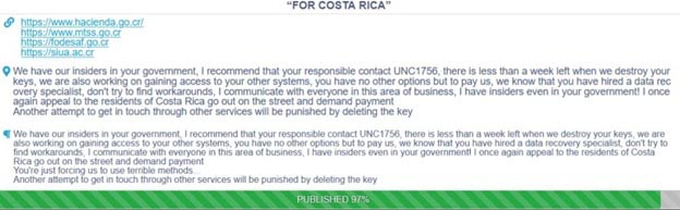 Threat against Costa Rican government posted by the Conti Group on its dark web blog.