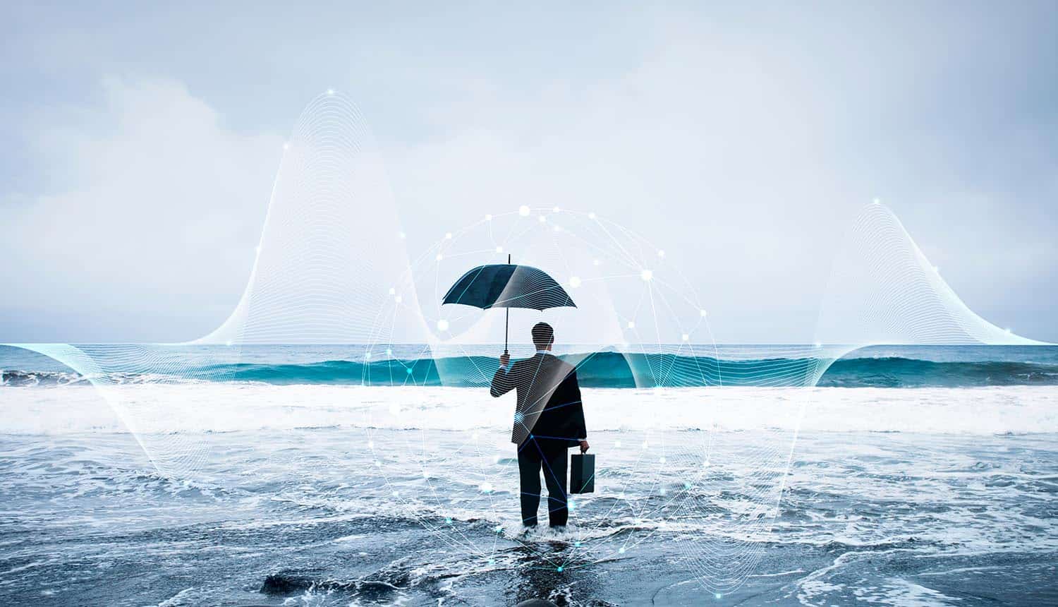 Businessman standing with an umbrella in the ocean showing cyber insurance and zero trust architecture