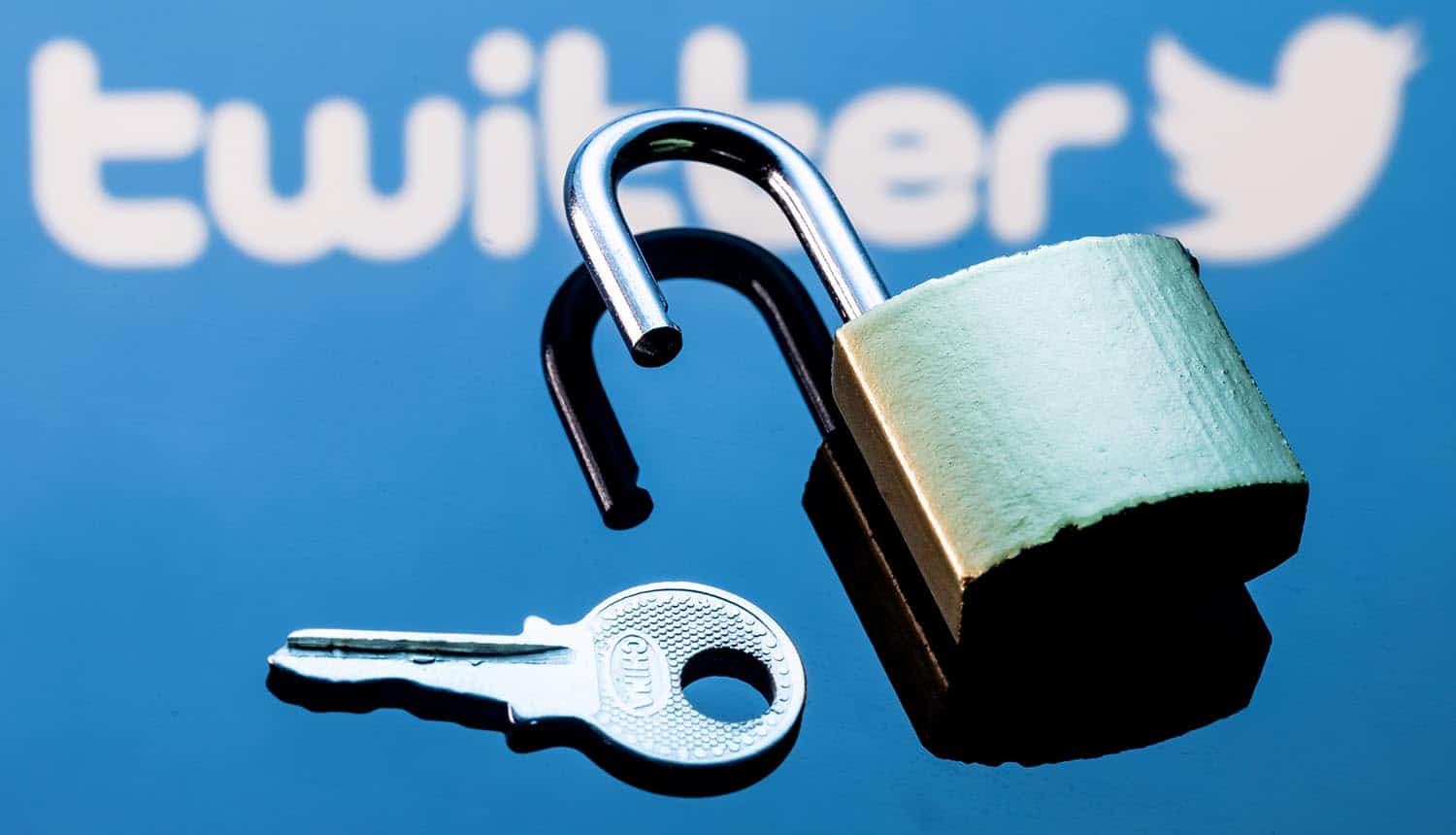 Open security lock and key with Twitter in the background showing zero-day security breach impact on anonymous accounts