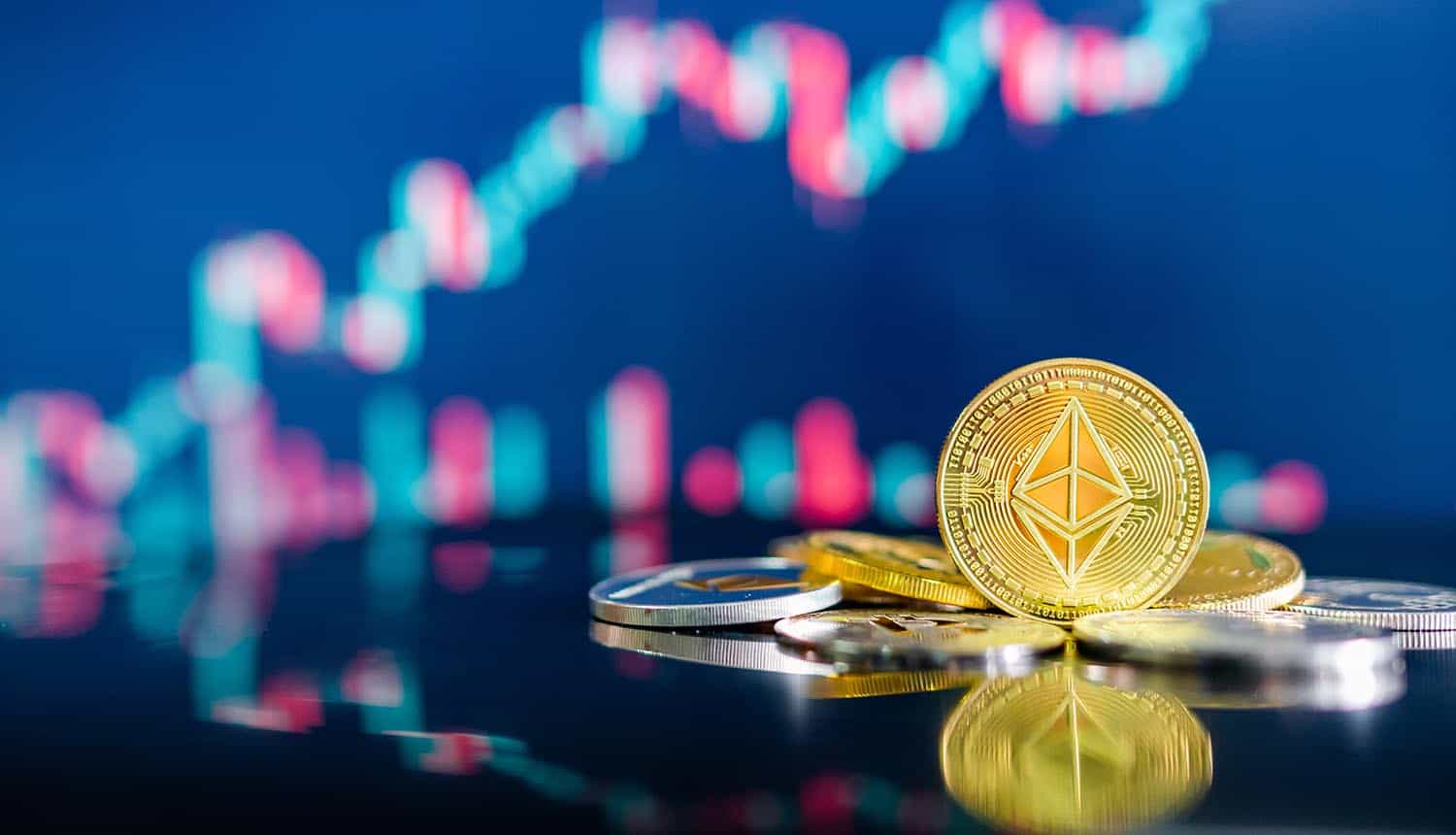 Ethereum (ETH) and other crypto coins with blurred candlestick chart