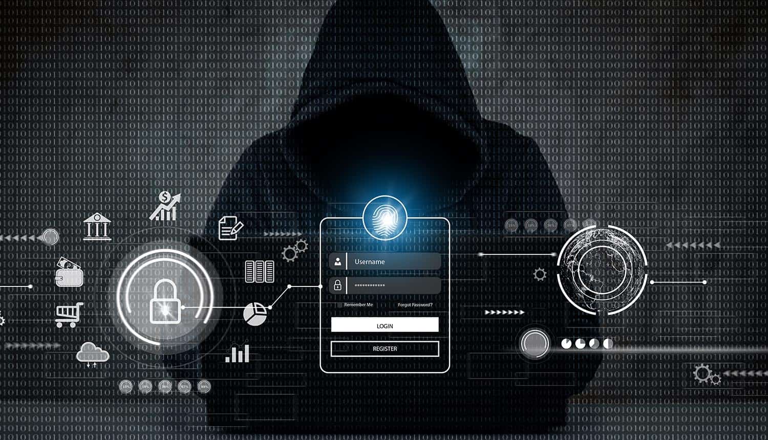 Hacker behind virtual login screen showing credential-based attacks