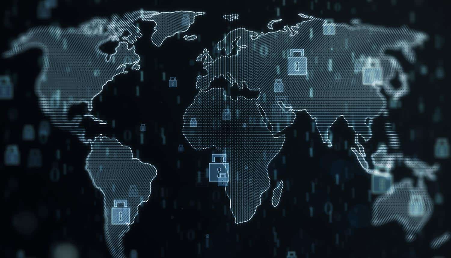 Digital closed padlocks on world map showing cloud and data security