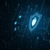 Glowing blue padlock shield showing security-by-default and security-by-design