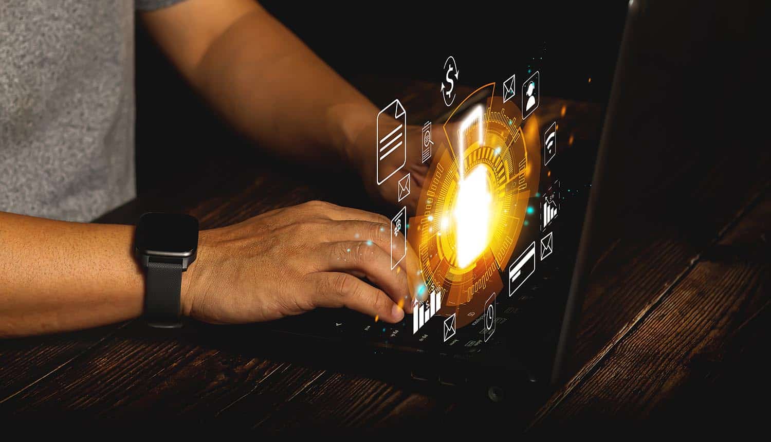 Man using laptop with lock showing data breach at Casio