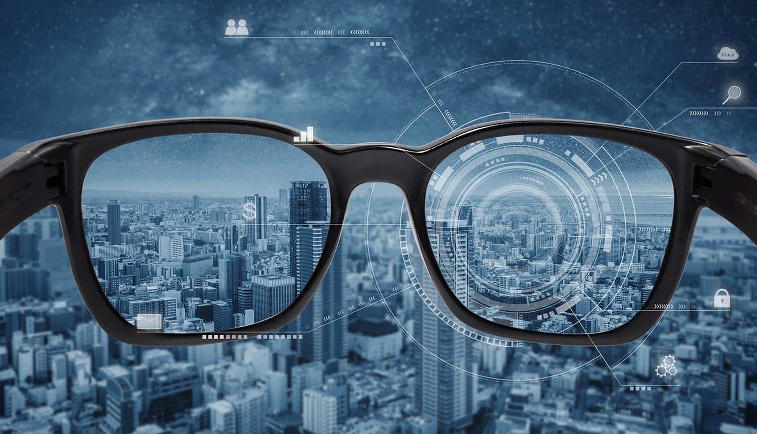 Smart glasses on modern city background showing security trends