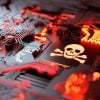 Skull on computer chip showing ransomware attacks