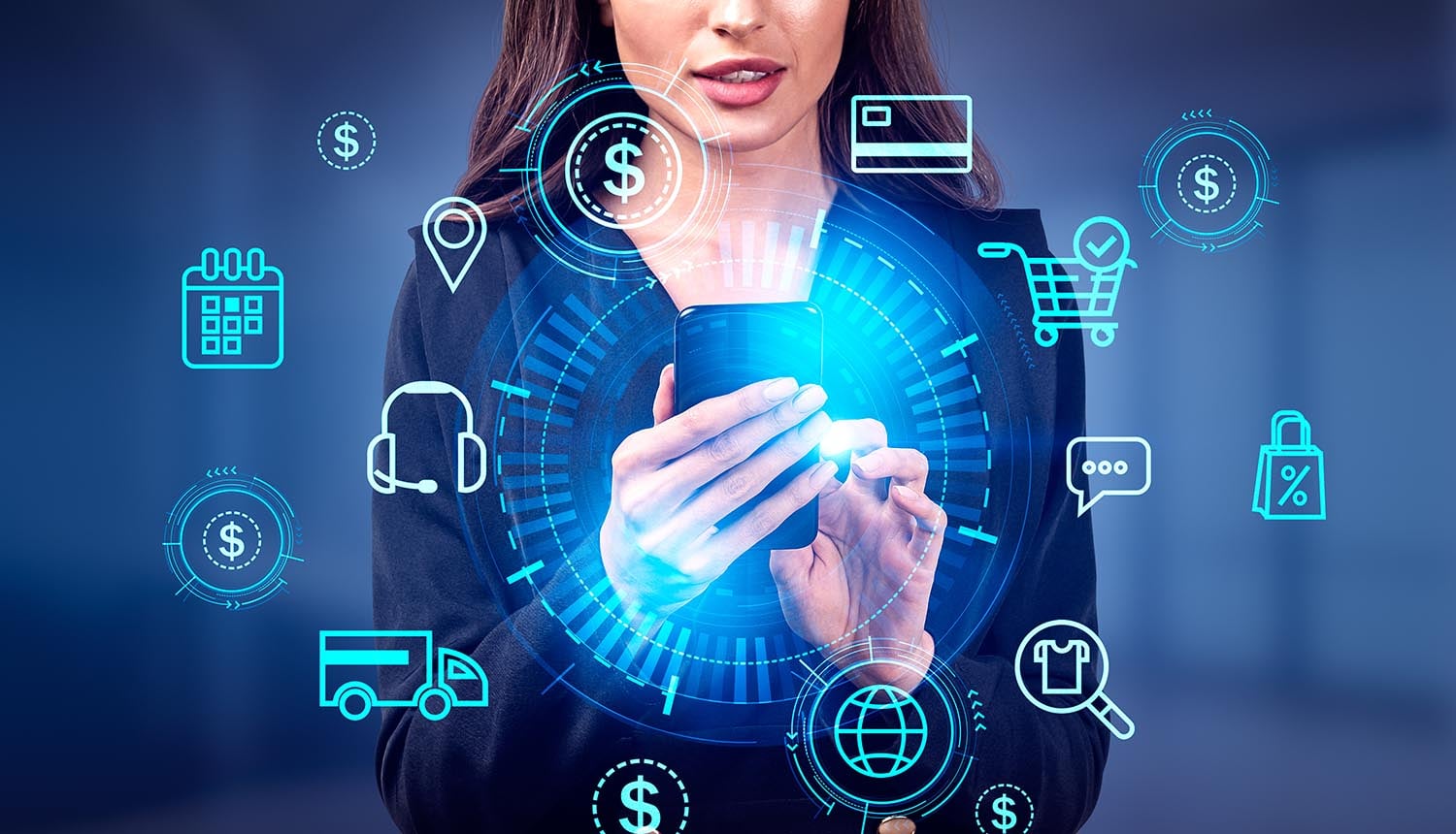 Woman using smartphone showing superapp and privacy