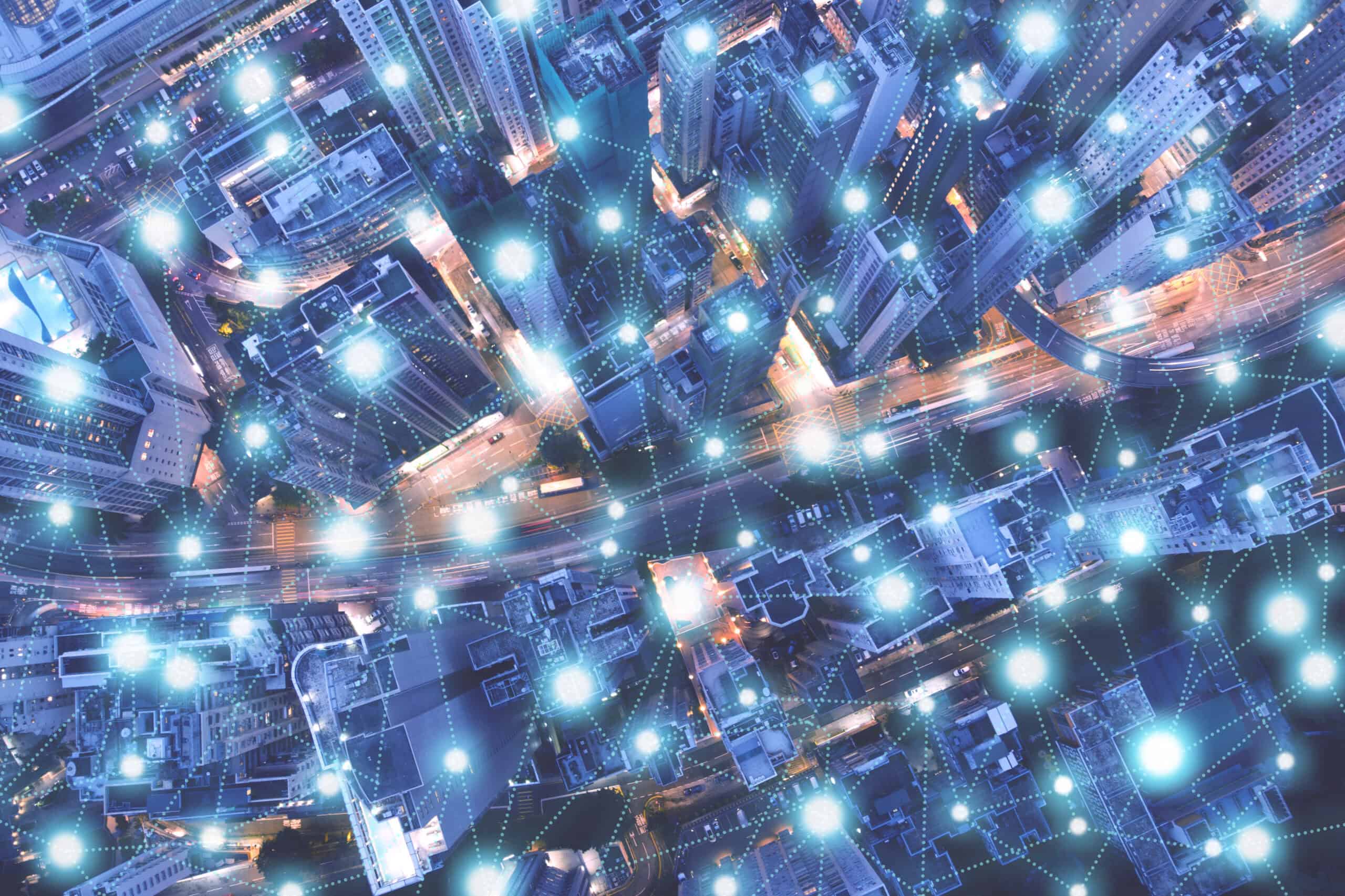 Network connections over city showing cyber attack on internet routers