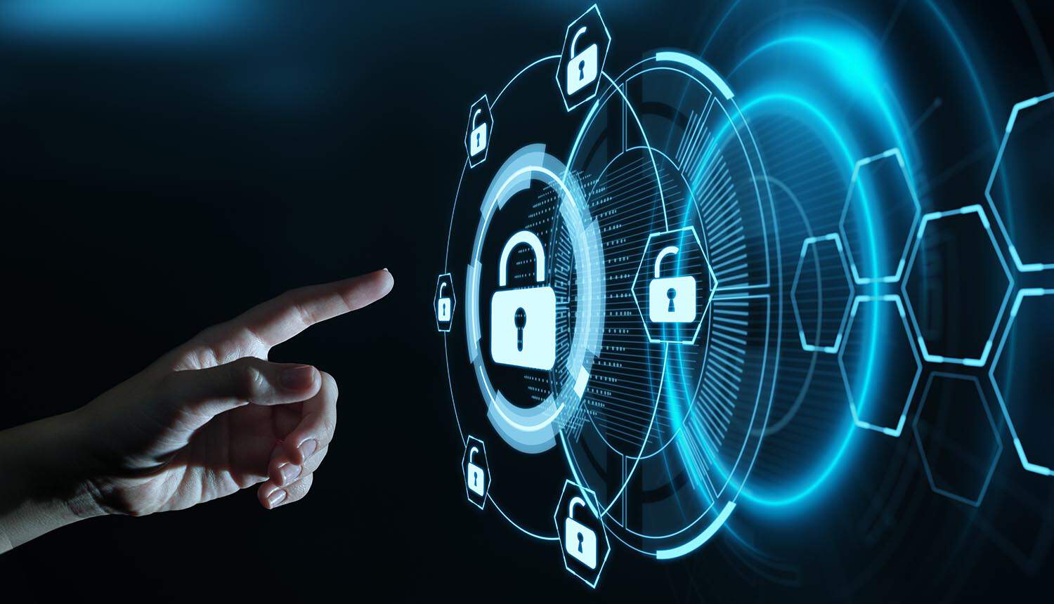 Finger pointing at virtual lock