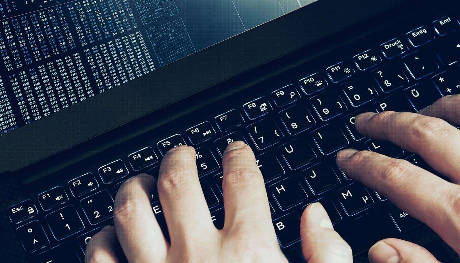 Hands typing on keyboard showing database leak