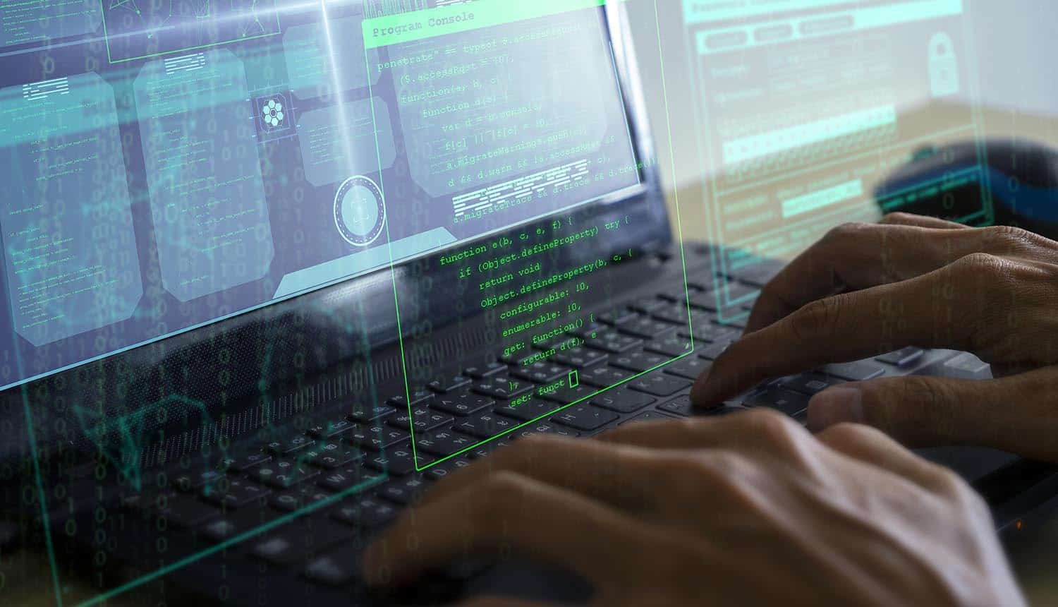 Hacker working on laptop showing cyber attack on water utility