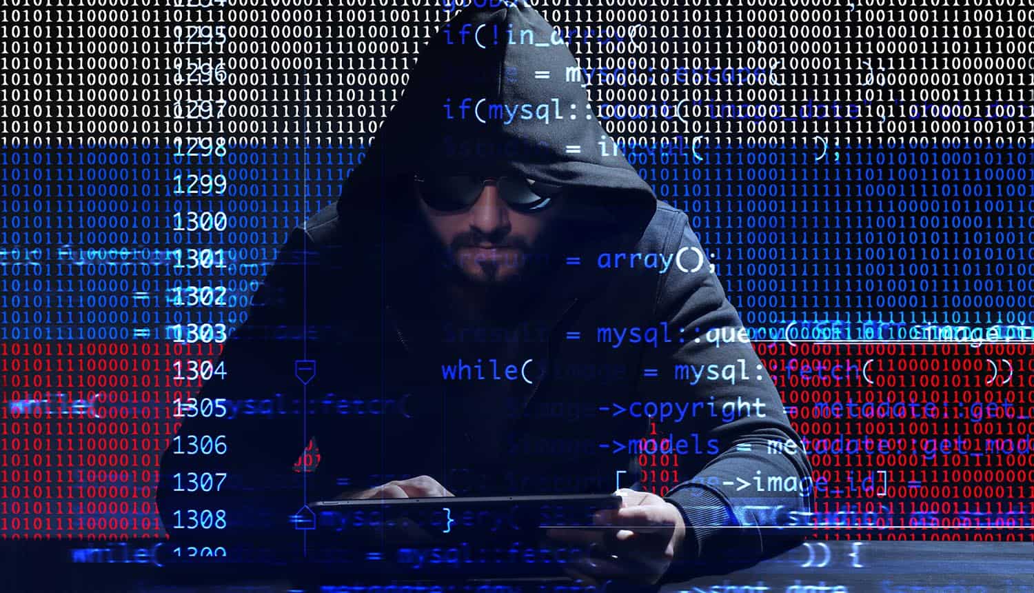 Hacker with flag of Russia showing cyber espionage by Russian hackers