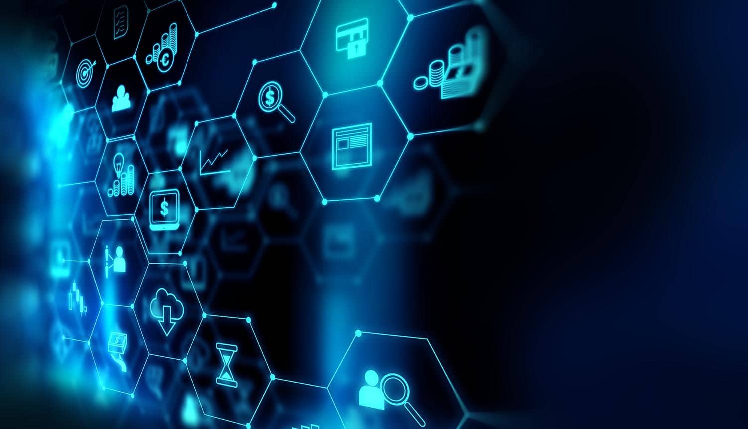 Fintech icons on digital background showing data breach