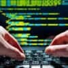 Hands typing on keyboard showing cyber attack and data leak