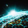 Digital shields over globe showing cyber defense