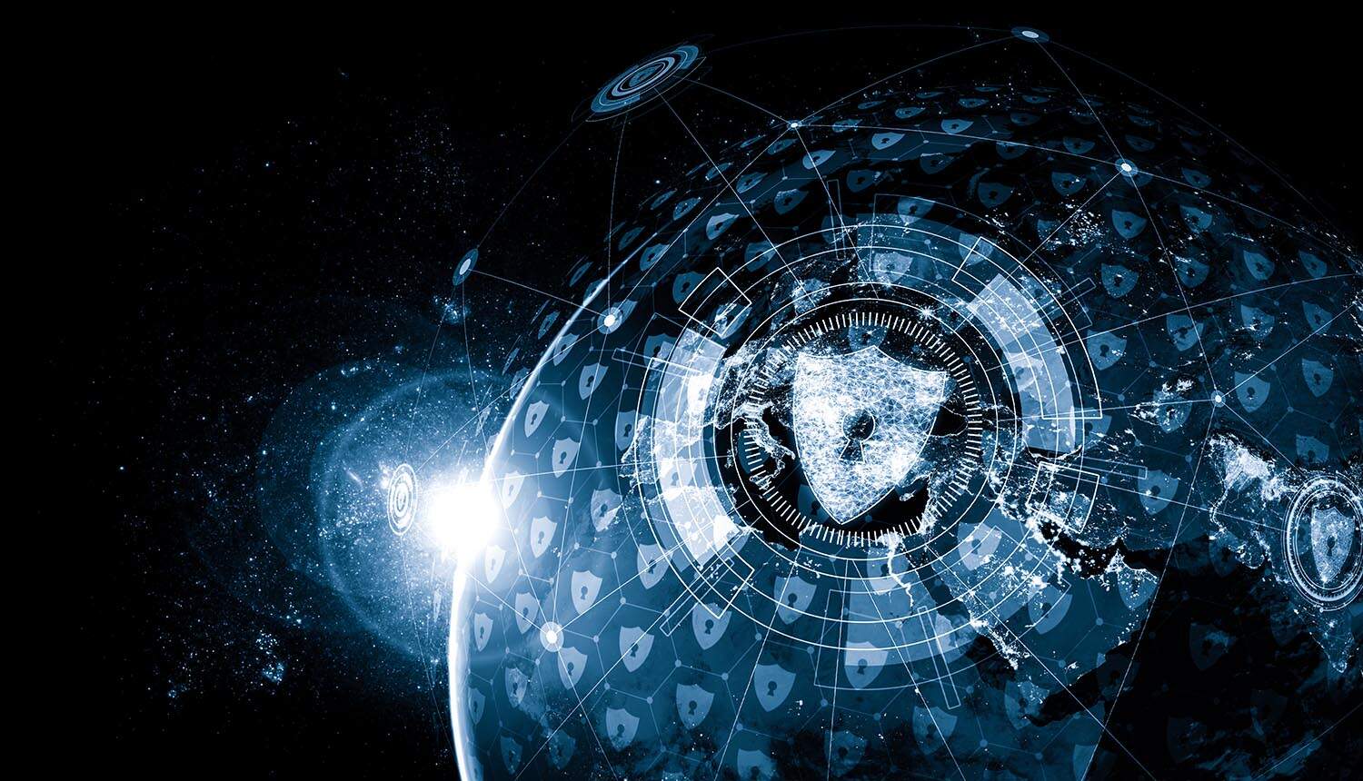 Digital shield over globe showing AI and security