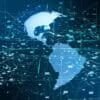 Packets over the globe showing DDoS attack