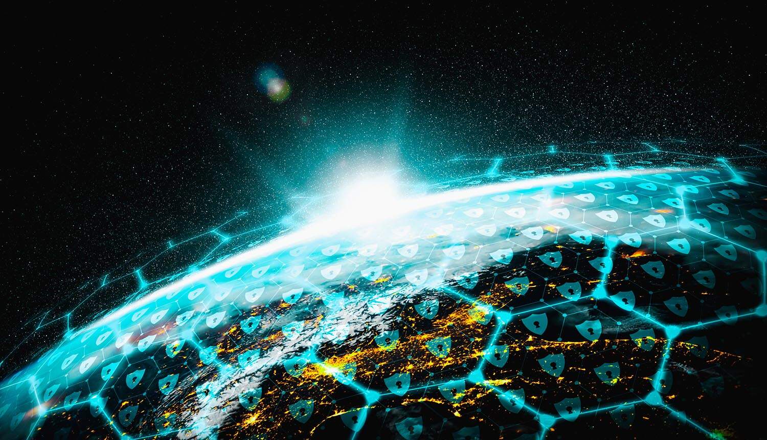 Virtual shields over globe showing AI and cyber risk