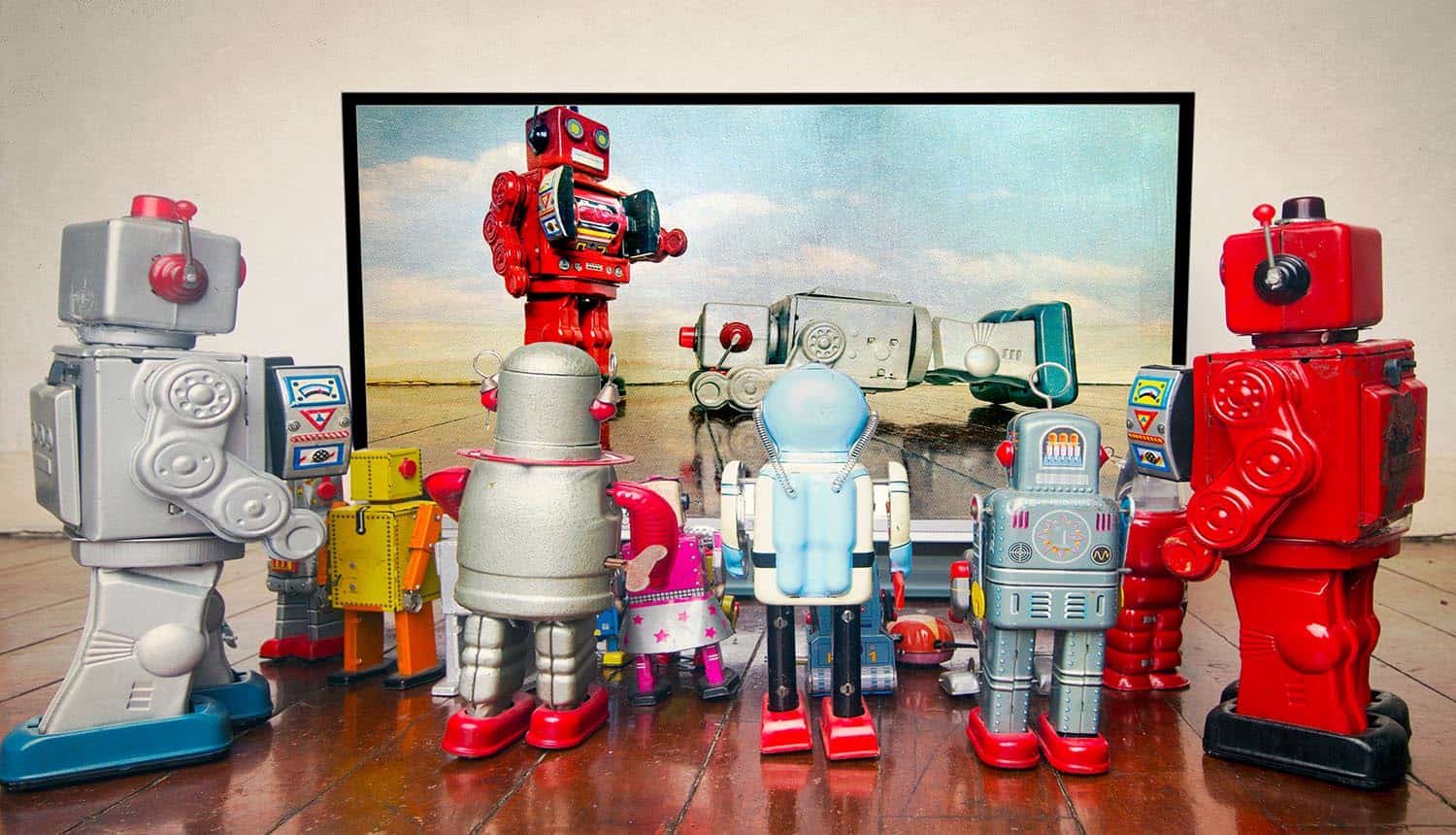 Retro robots watch TV showing data leak