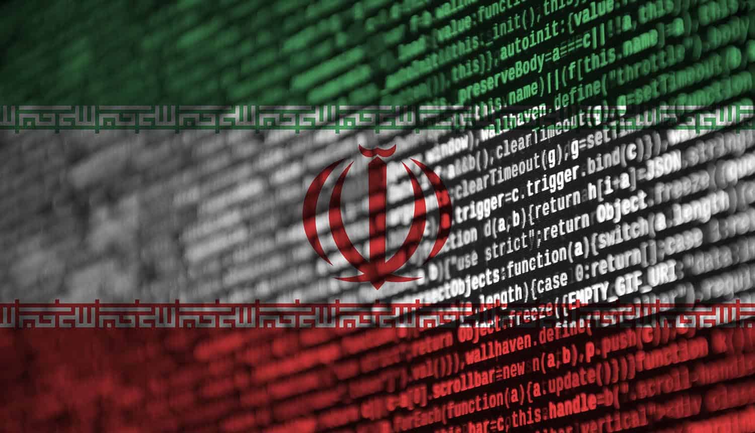 Iran flag with program code showing cyber attack by Iranian hackers