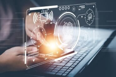 Virtual screen with brain showing AI and cyber security