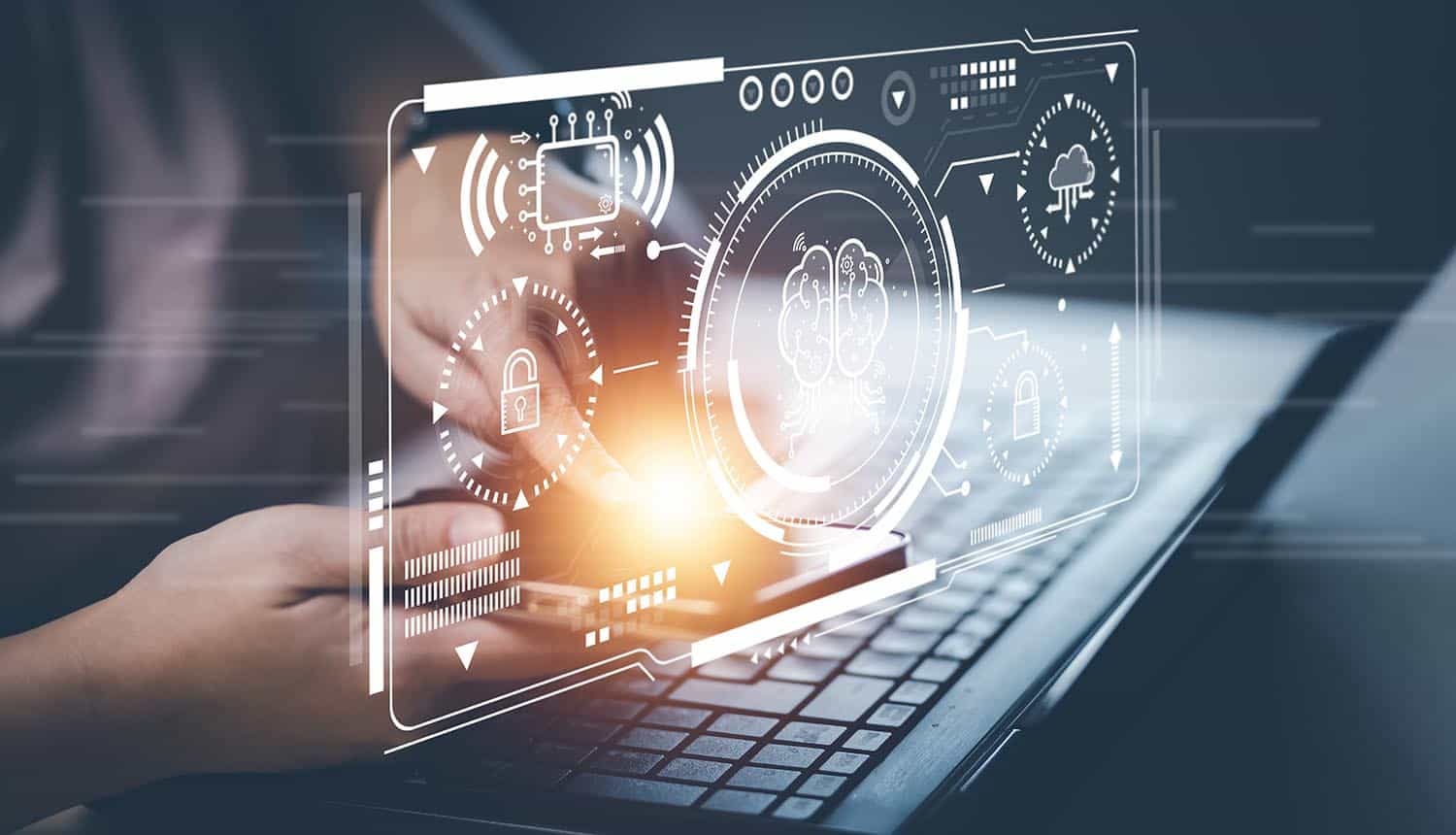 Virtual screen with brain showing AI and cyber security