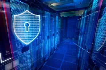 Digital shields on machines in data center showing cyber resilience