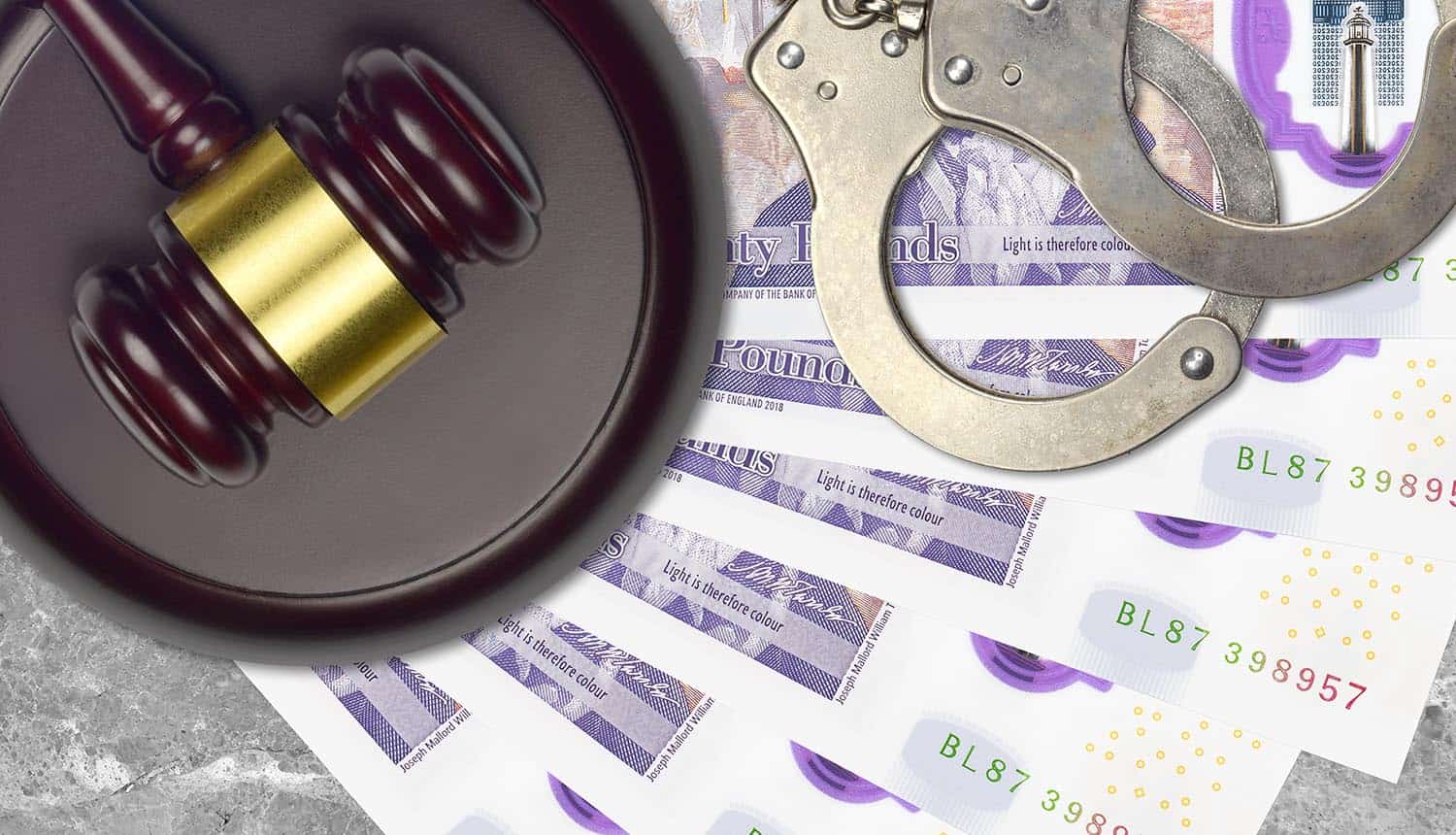 British pounds bills and judge hammer showing data breach of water supplier