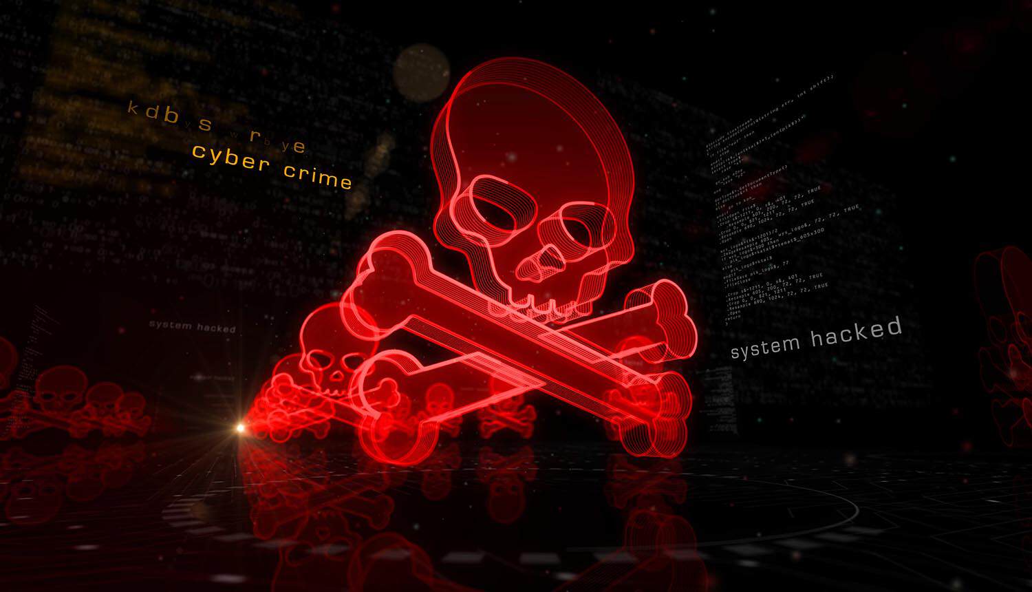 Skull on screen showing vulnerability exploitation and stolen credentials in DBIR