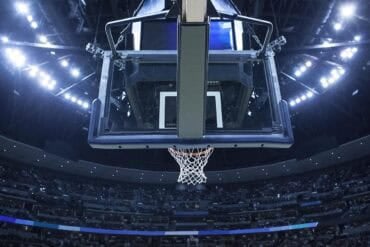Basketball backboard in a large sports arena showing data breach