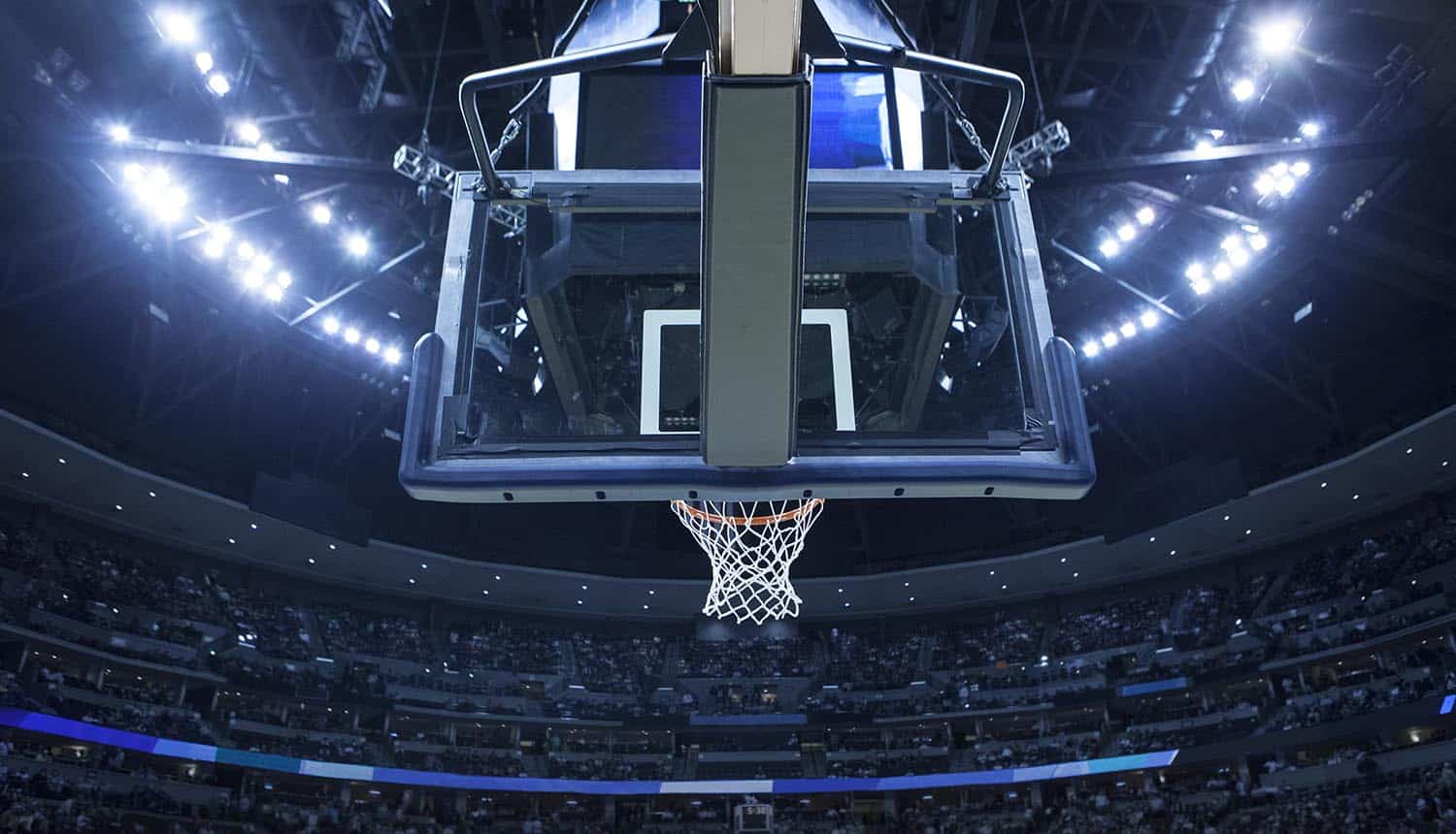 Basketball backboard in a large sports arena showing data breach