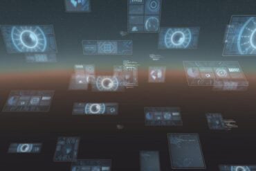Glowing screens on digital landscape showing digital IDs for AI agents
