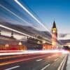 Light trails on the Westminster bridge showing agentic AI and cyber defense