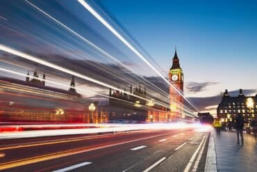 Light trails on the Westminster bridge showing agentic AI and cyber defense