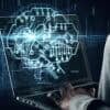 Hands using laptop with brain hologram showing shadow AI and data governance