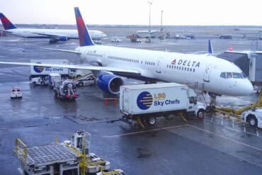 Delta aircraft at the gate showing Wi-Fi networks hacked by DEF CON attendees