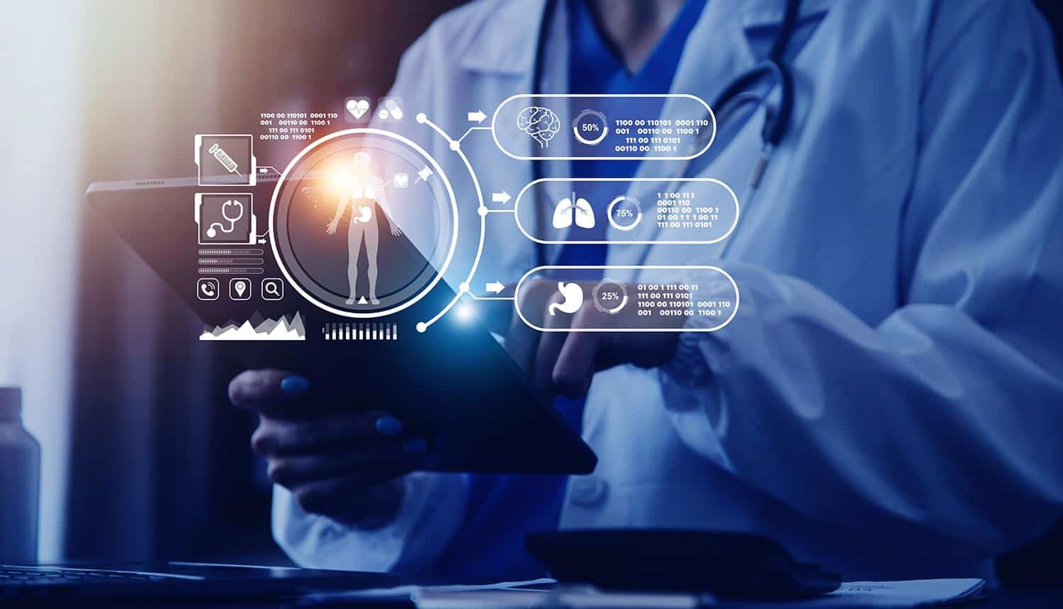 Doctor working with digital medical interface showing medical data breach